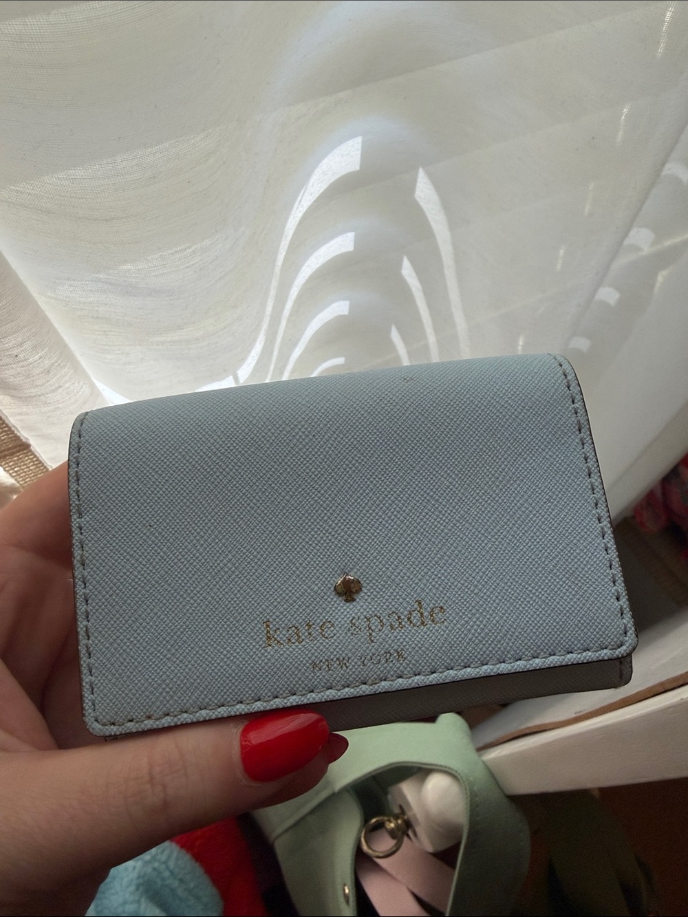 kate spade Light Blue Saffiano Leather Card Case with Gold Logo